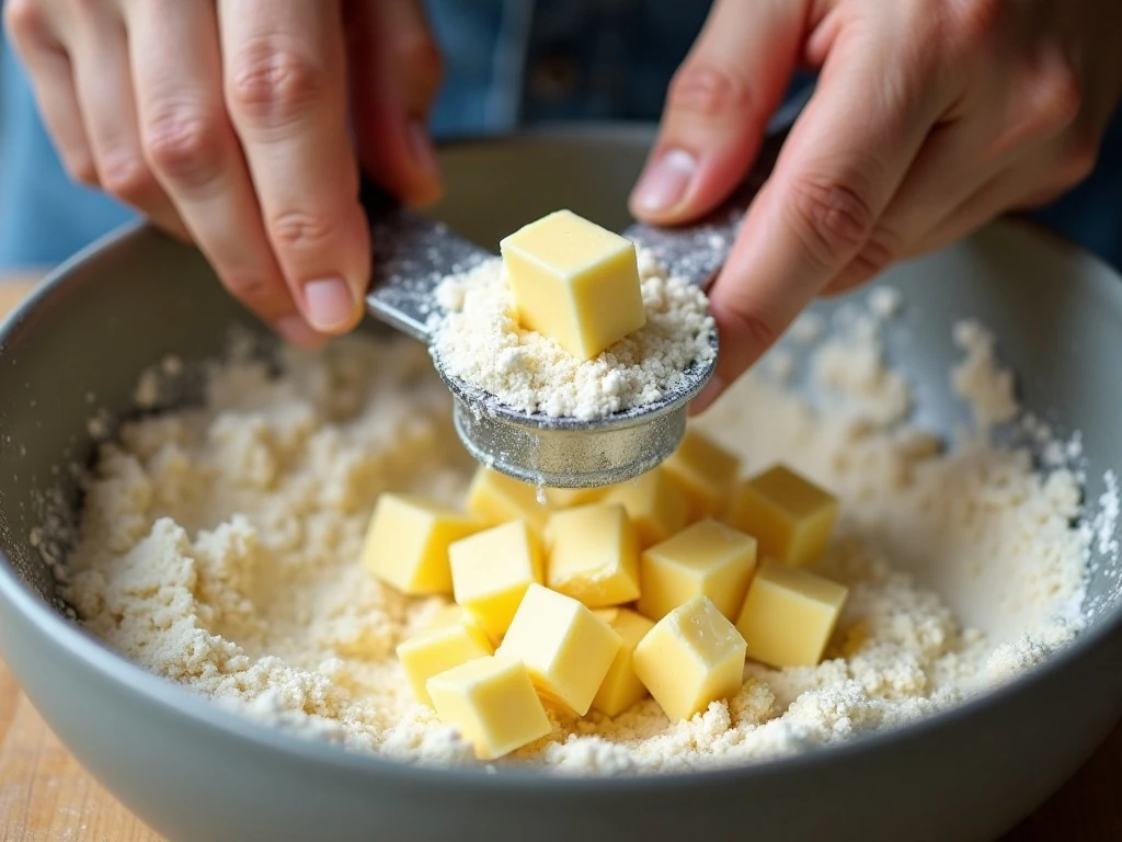 Cutting cold butter into flour for flaky biscuits