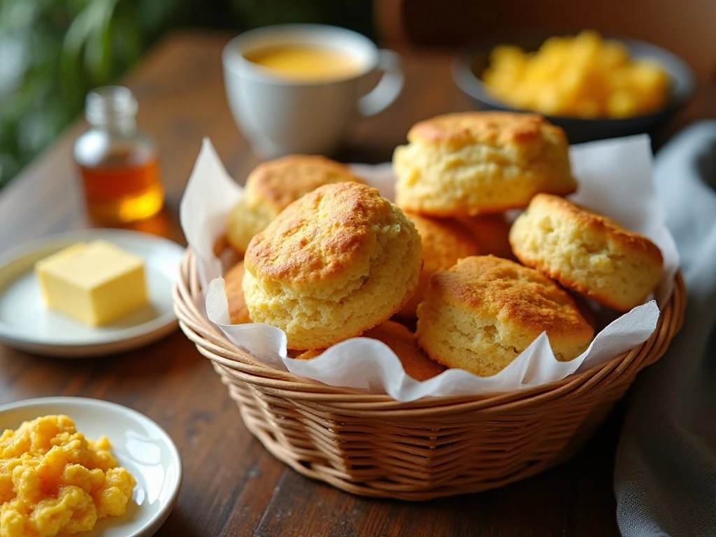 Jalapeño biscuits served with butter, honey, eggs, and soup