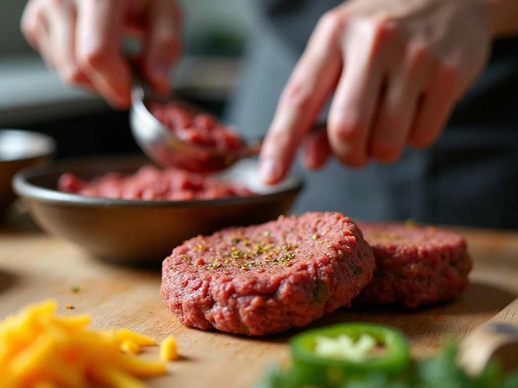 Shaping jalapeño cheddar burger patties with center indentations