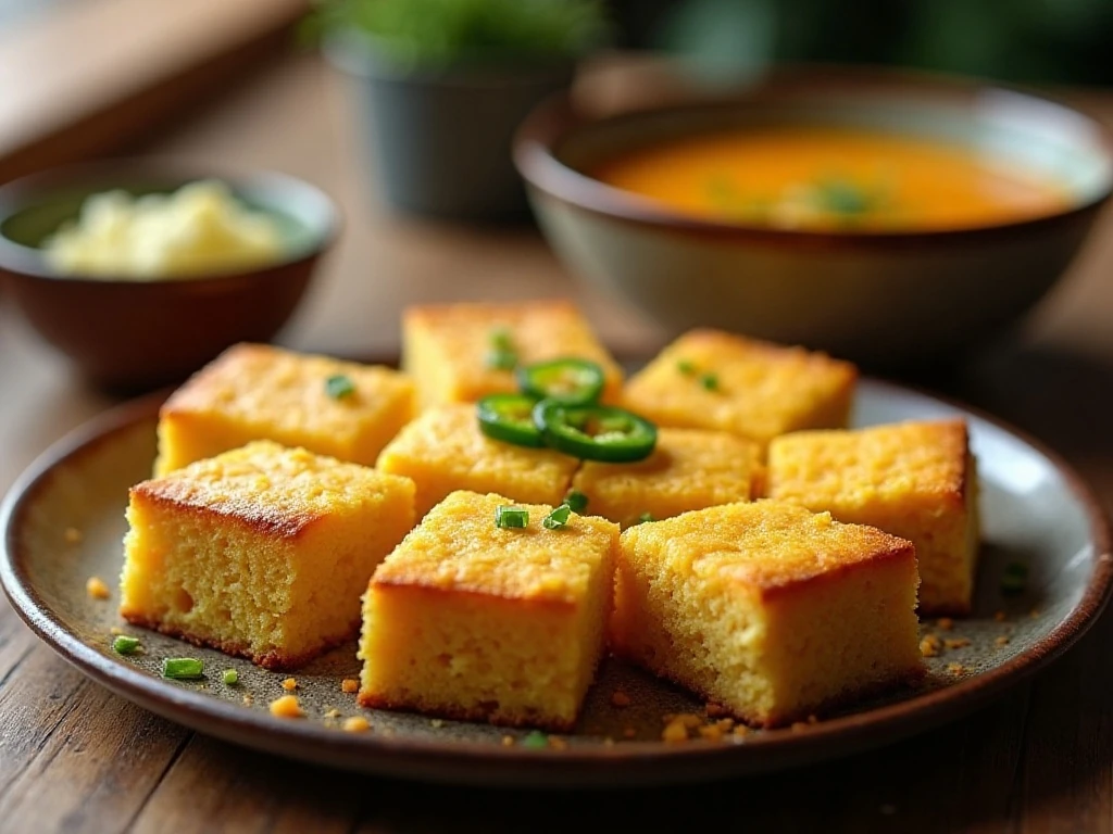 Golden jalapeño cheddar cornbread squares served warm