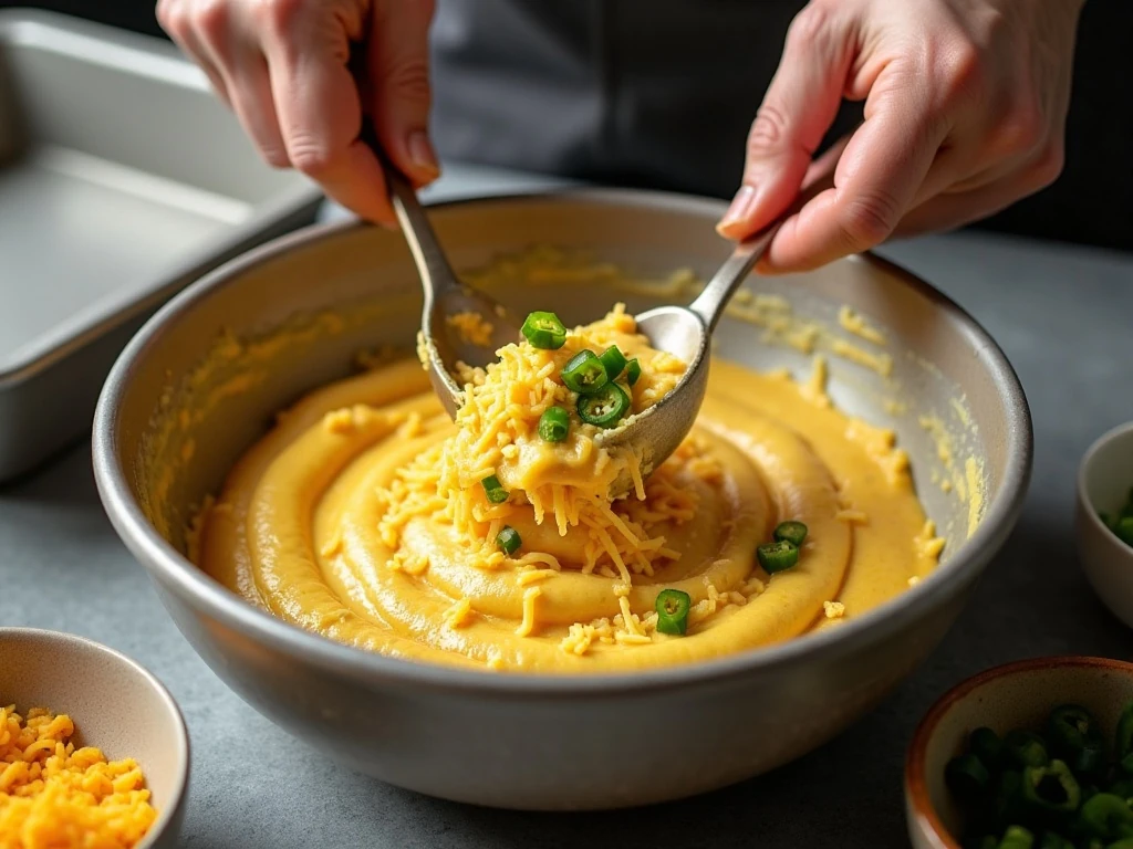 Cornbread batter mixed with cheddar and diced jalapeños