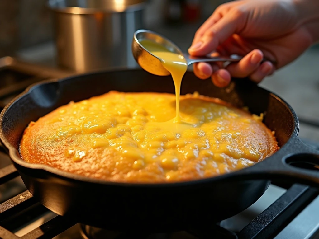 Jalapeño cheddar cornbread baking in a cast-iron skillet