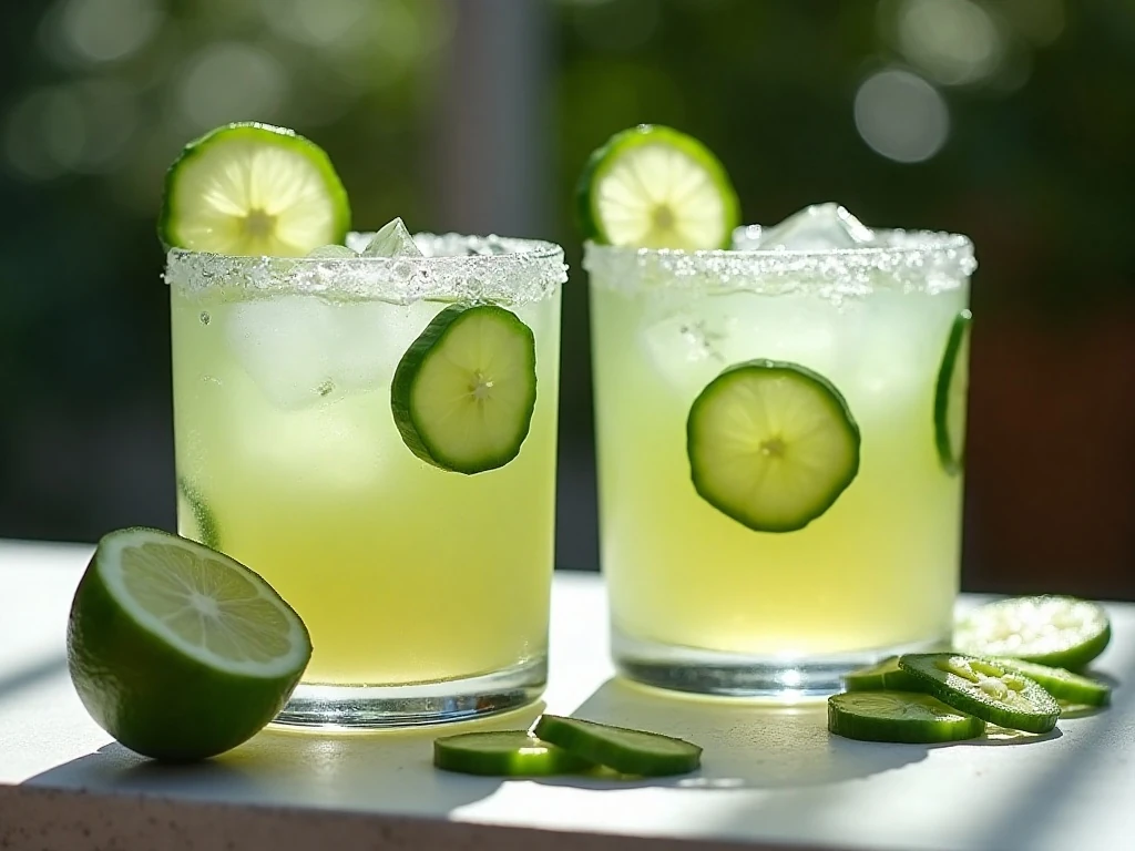 Two fresh jalapeño cucumber margaritas with lime, cucumber, and Tajín rims