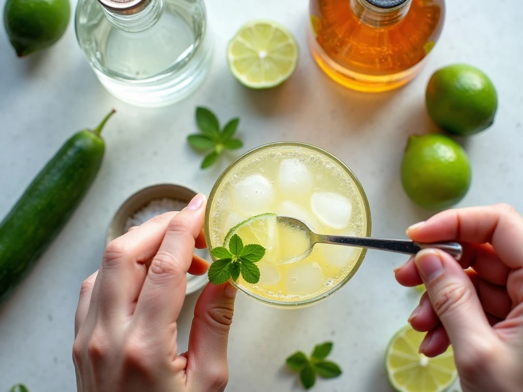 Ingredients for a jalapeño cucumber margarita arranged on a countertop