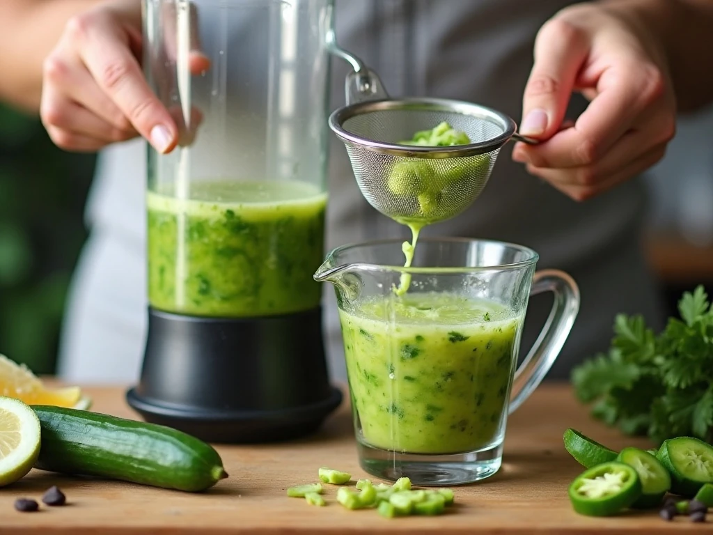 Preparing fresh cucumber juice for a spicy cucumber margarita