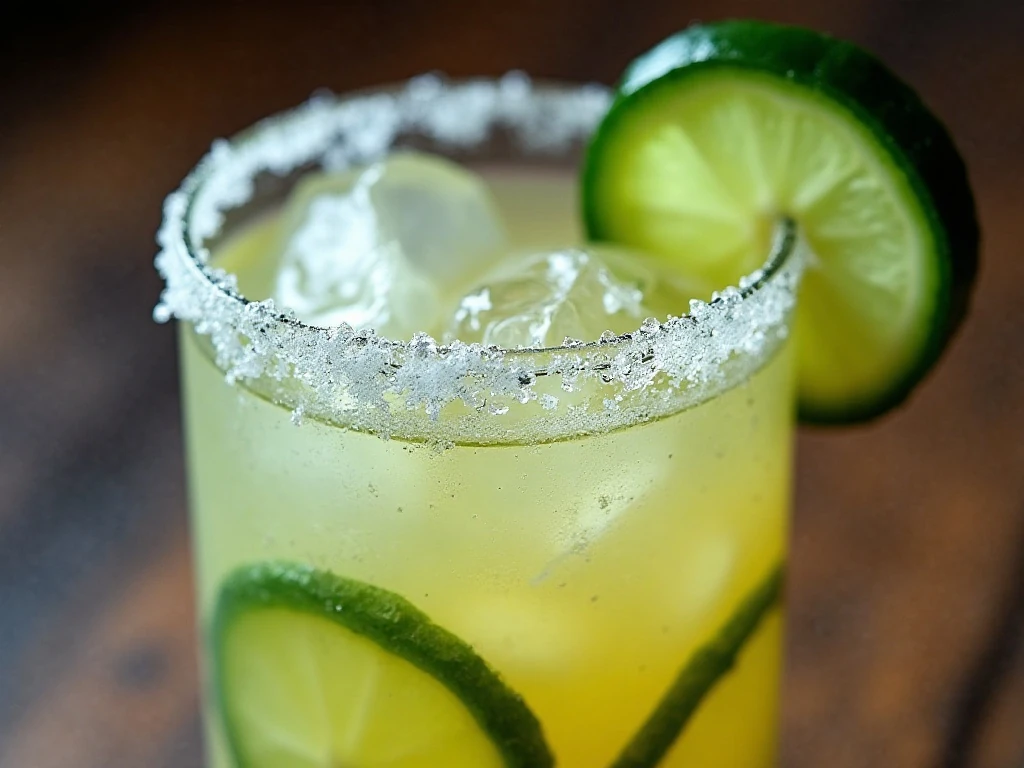 Close-up of a chilled cucumber jalapeño margarita with a spicy rim