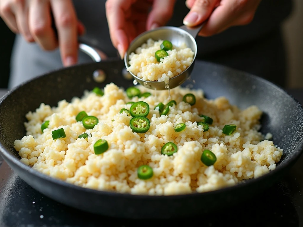 Uncovered cauliflower rice cooking in a skillet