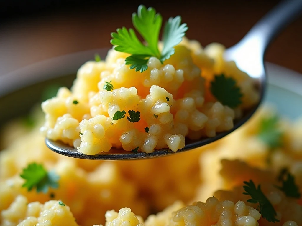 Close-up of fluffy cauliflower rice with cilantro and lime zest