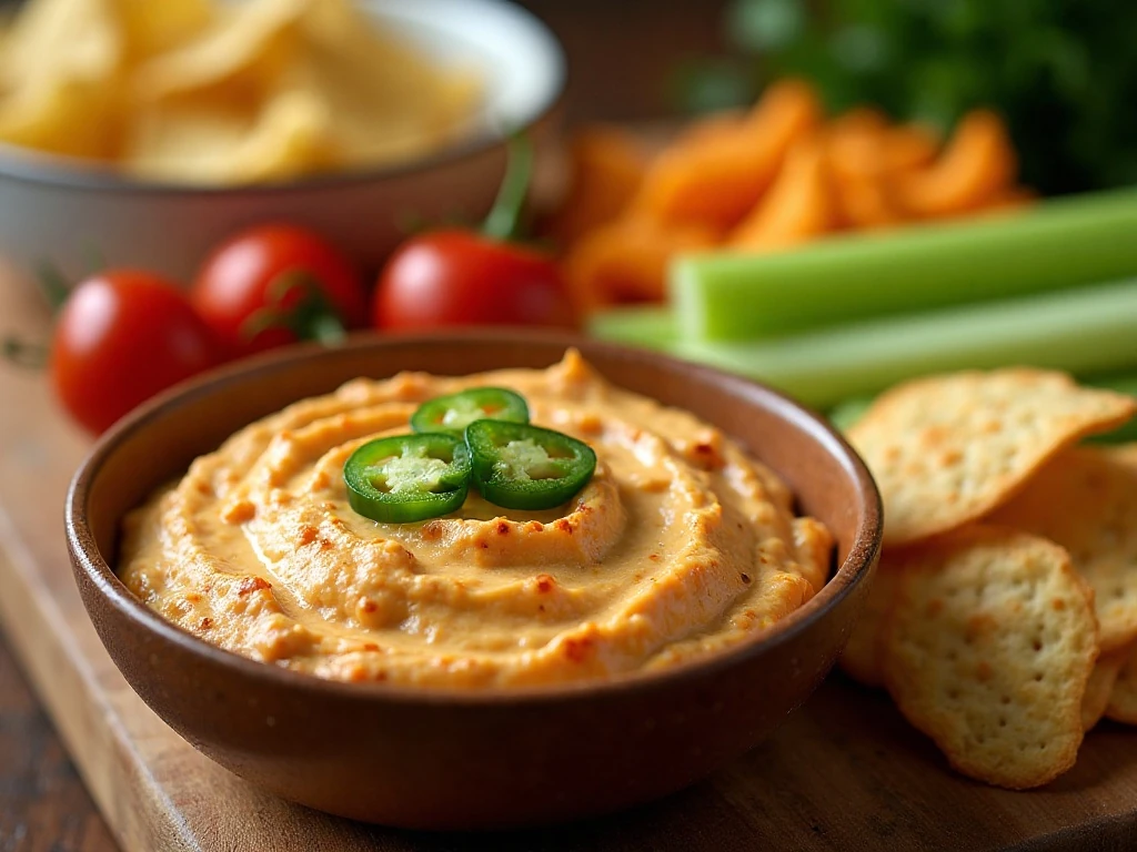 Spicy jalapeño pimento cheese served with crackers, celery, chips, and toast