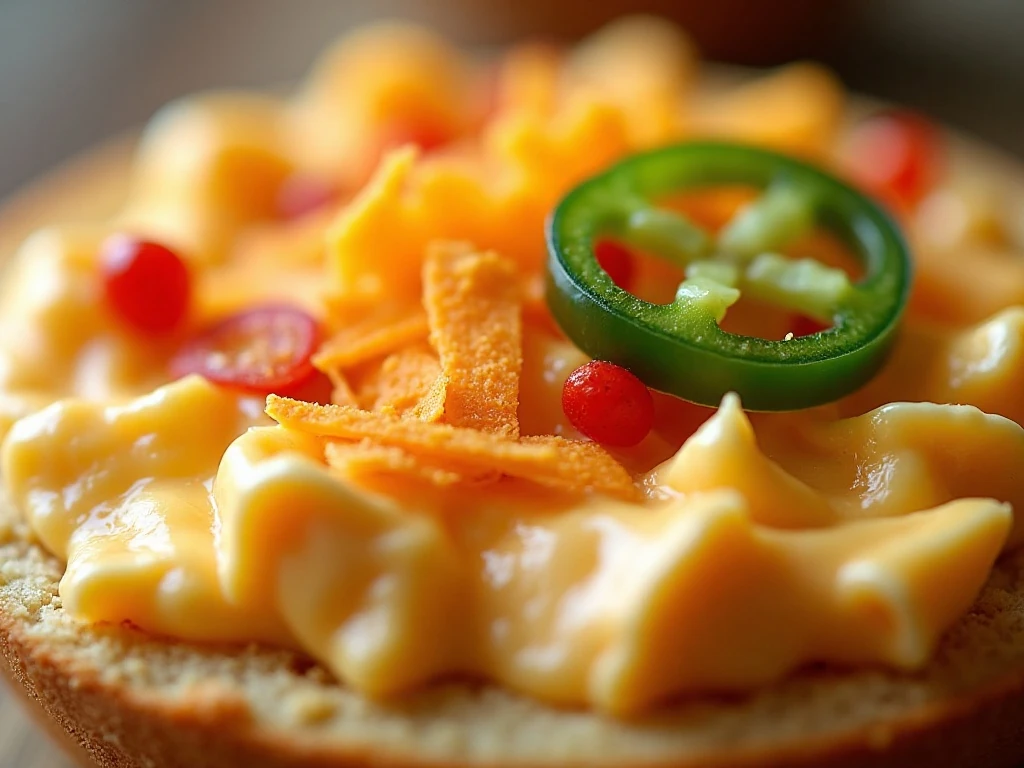 Close-up texture of creamy spicy pimento cheese with jalapeños