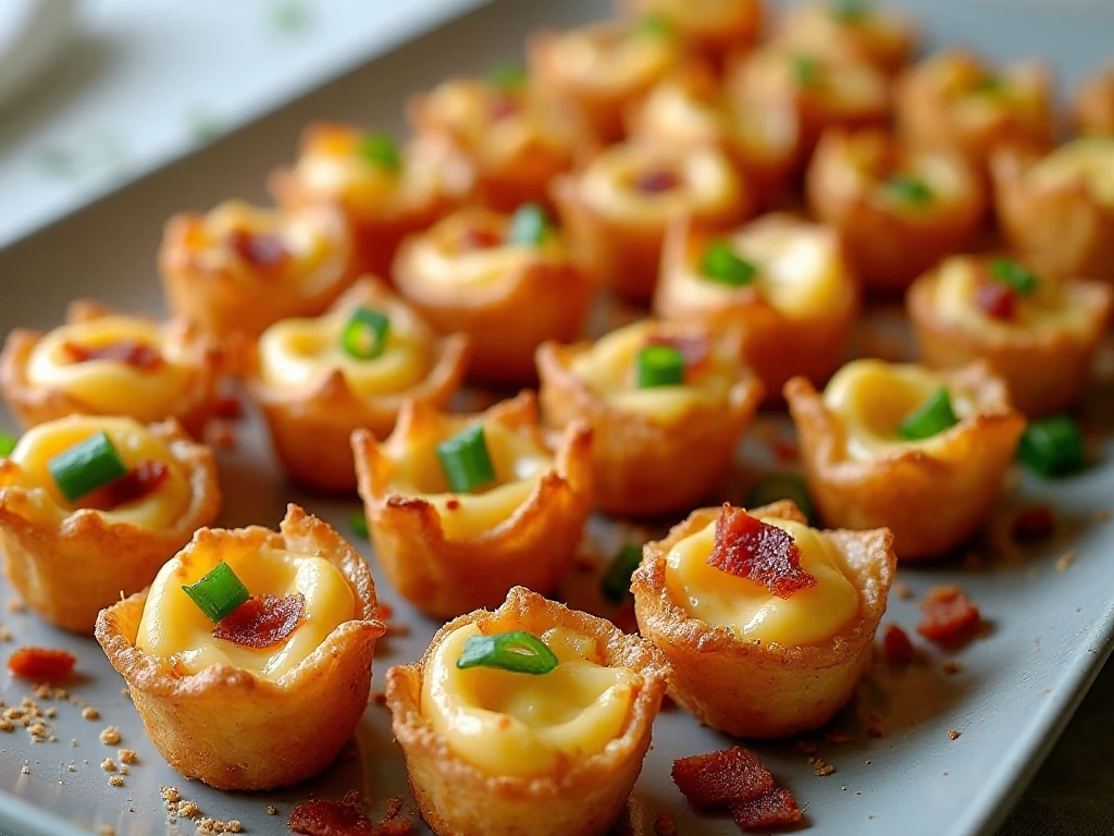 Golden jalapeño popper baked wonton cups arranged on a serving platter