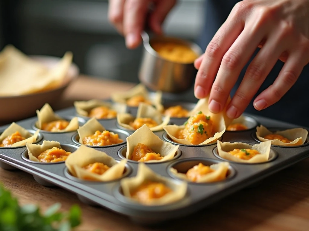 Wonton wrappers being shaped into mini muffin pan cups