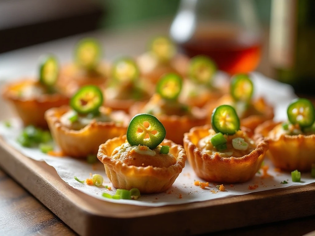 Jalapeño popper wonton cups ready for serving at a party