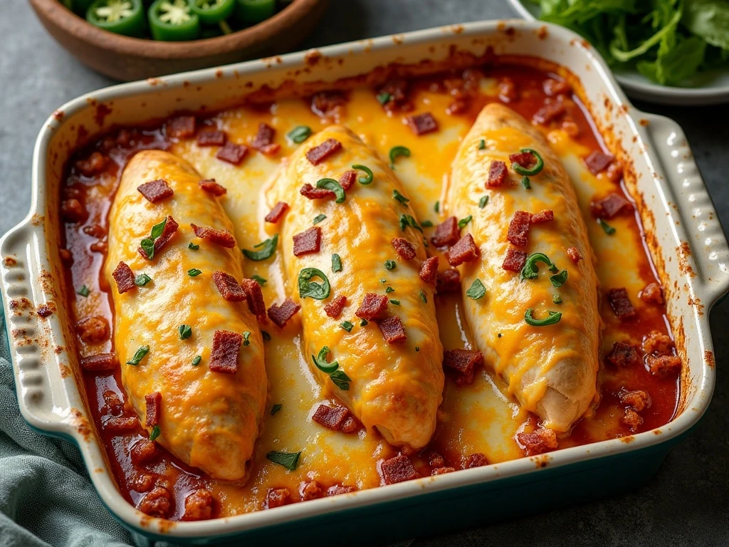 Creamy jalapeno popper chicken casserole served with a fresh green salad