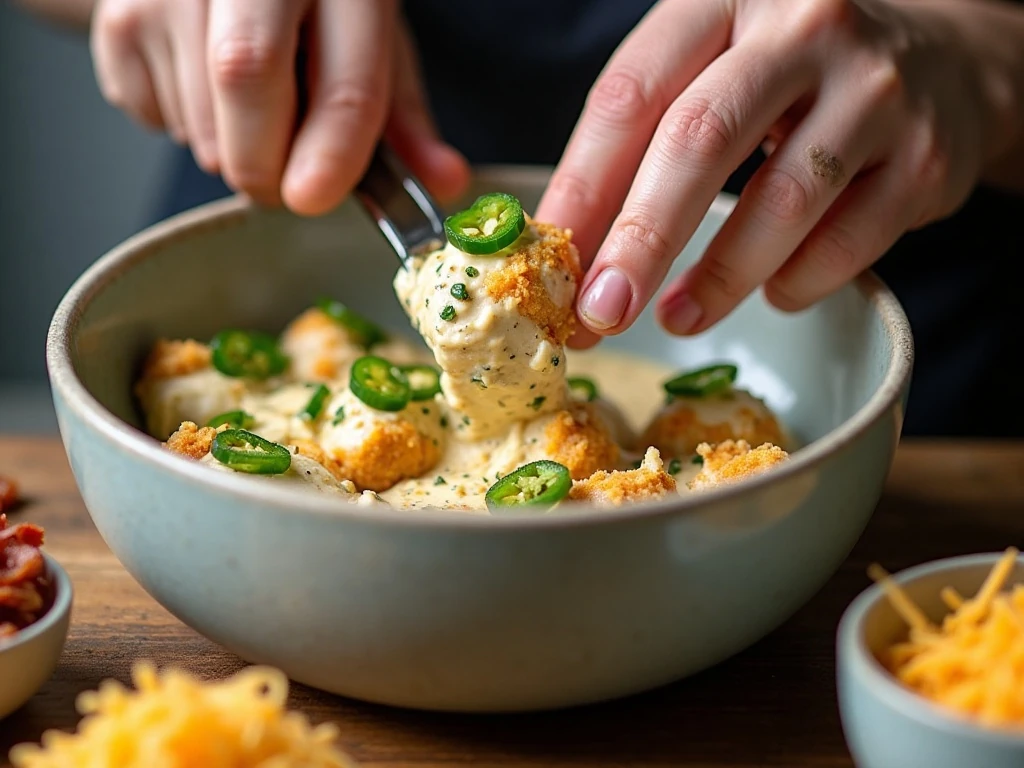 Mixing chicken, jalapenos, bacon, and creamy cheese filling for casserole