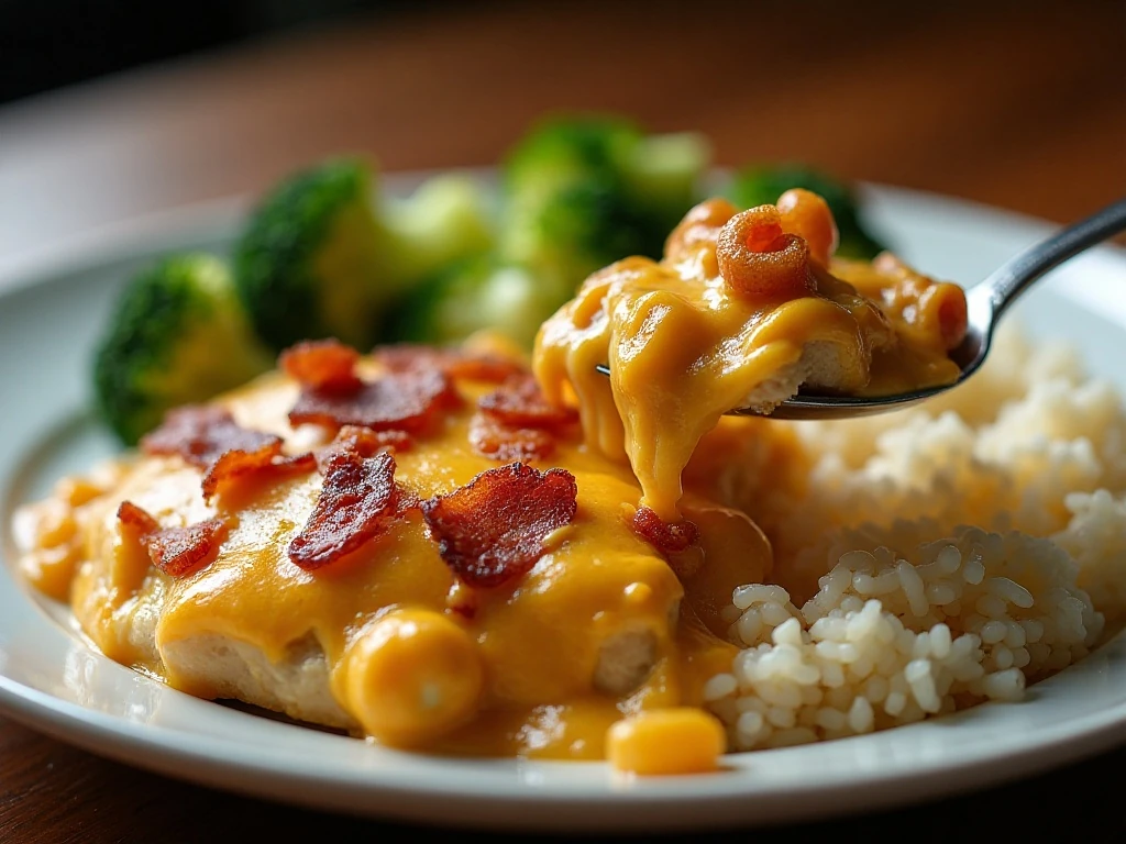 Jalapeno popper chicken casserole served with rice and broccoli