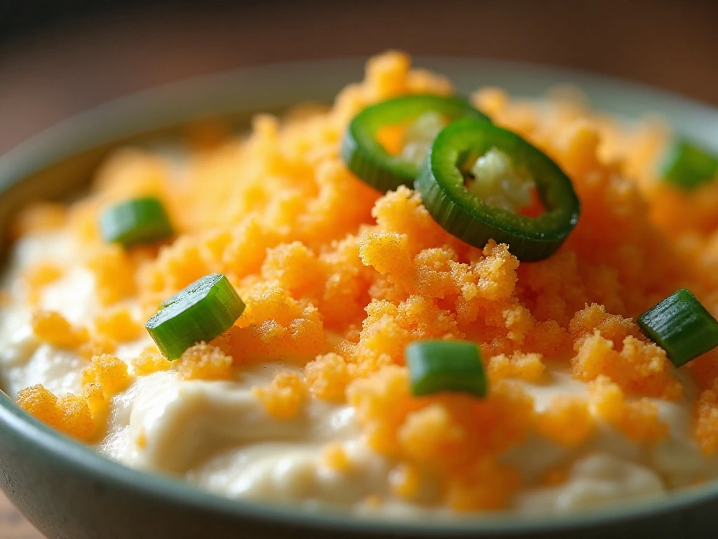 Close-up of golden crispy topping and jalapeno garnish on baked dip