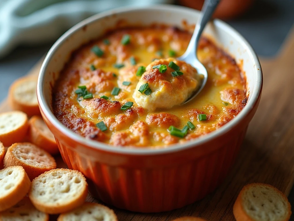 Baked jalapeno popper dip ready to serve with crackers and bread