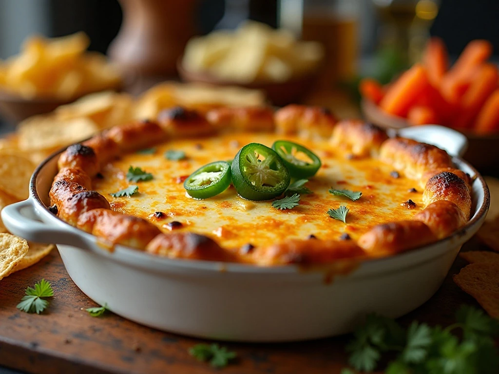Hot jalapeño popper dip served with chips, bread, crackers, and vegetables