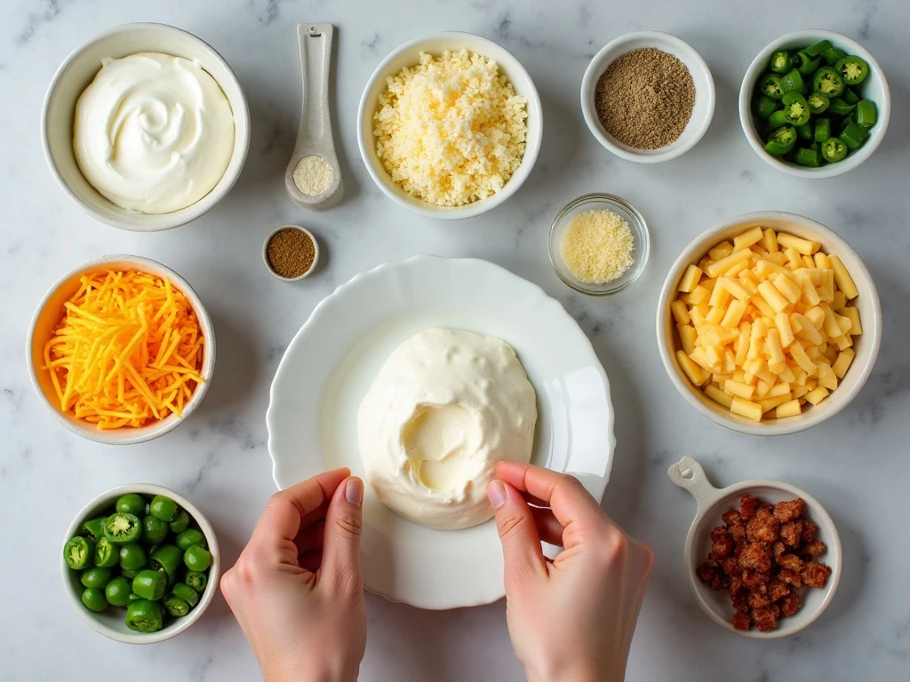 Ingredients for homemade jalapeño popper dip arranged on a counter