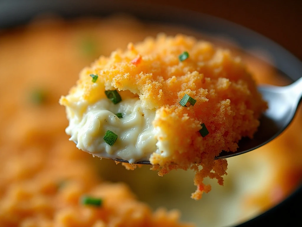 Close-up of the crisp Parmesan topping and creamy jalapeño dip