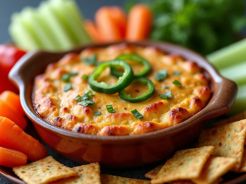 Jalapeño popper dip with chips, crostini, crackers, and fresh vegetables