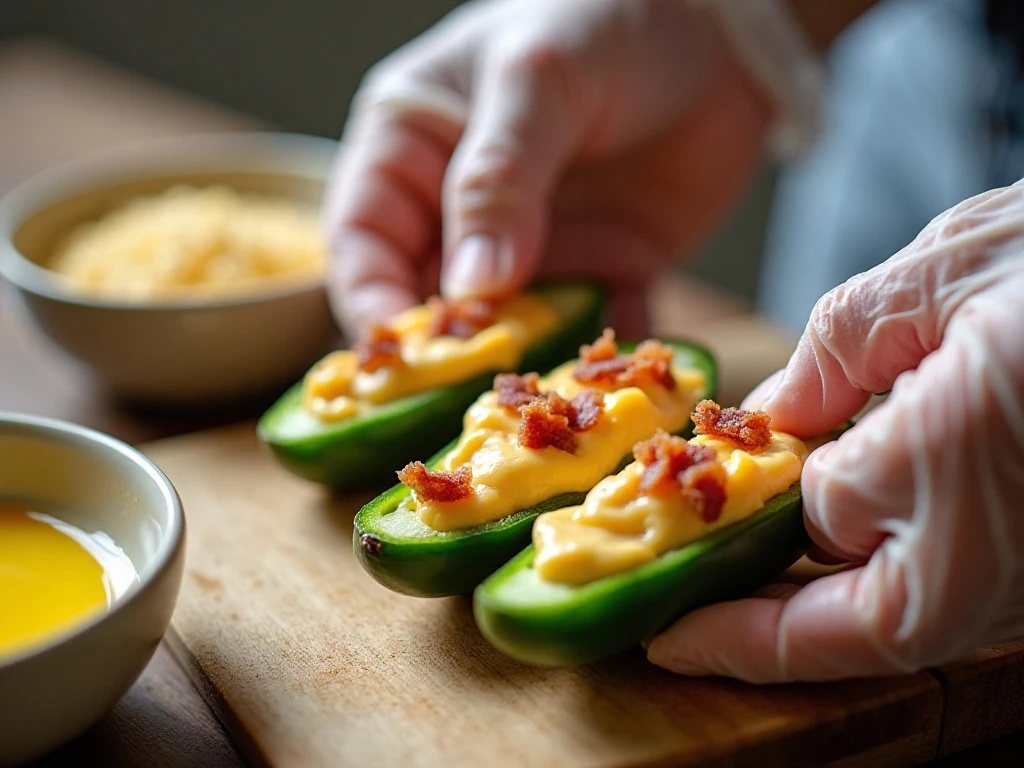 Preparing jalapeño halves with creamy cheese filling and panko