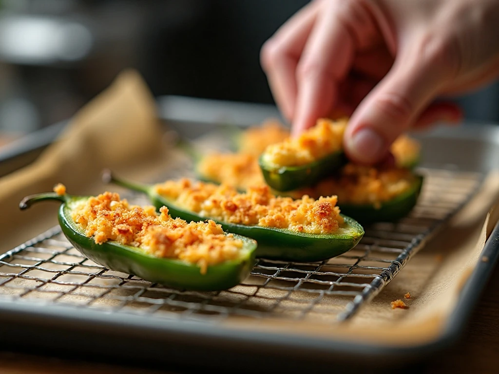 Jalapeño poppers arranged on a wire rack before baking