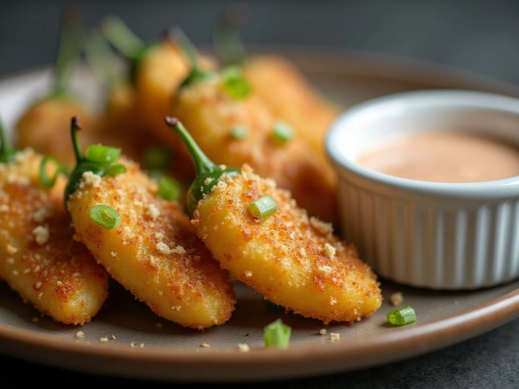 Golden jalapeño popper appetizer with green onion garnish and dipping sauce