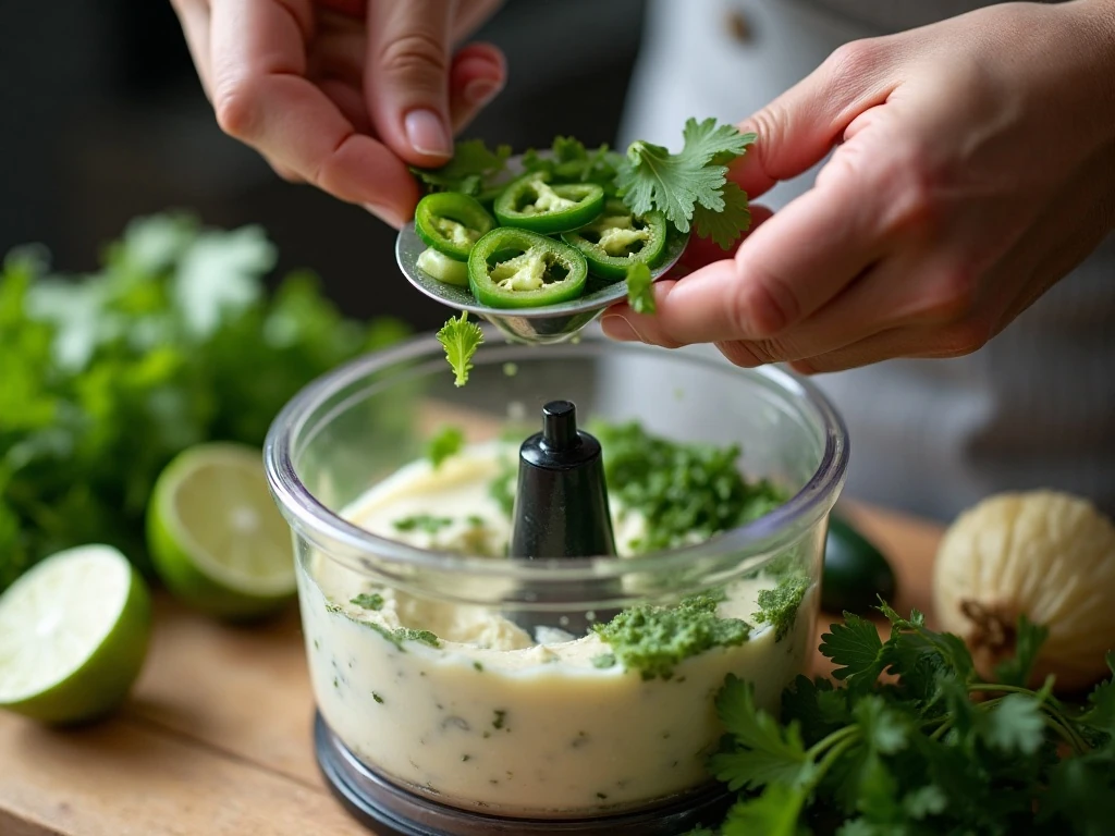 Blending fresh ingredients for jalapeño ranch dip