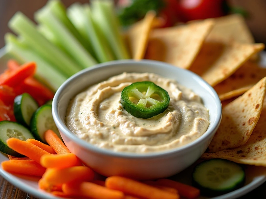 Jalapeño ranch dip served with chips, vegetables, tacos, and quesadillas