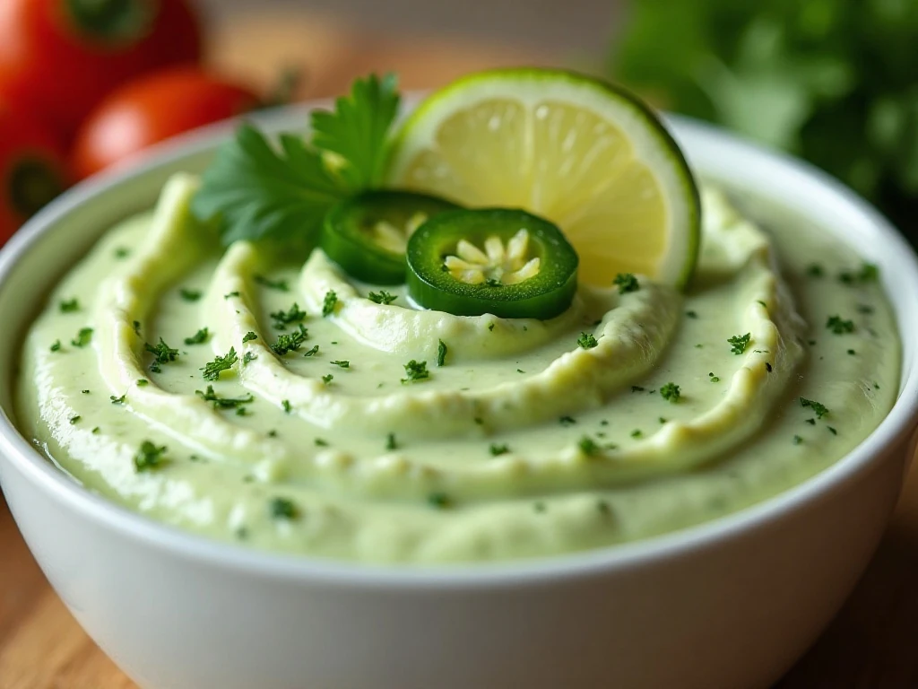 Close-up of smooth jalapeño ranch dip with cilantro and sliced jalapeño