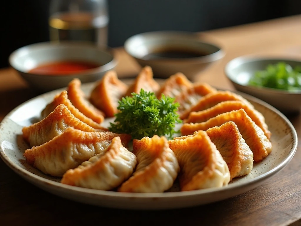 Golden Japanese pork dumplings served with soy-vinegar dipping sauce