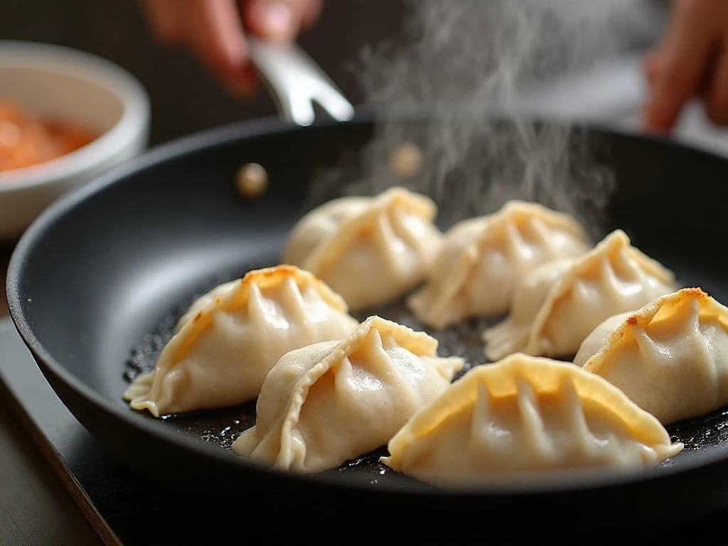 Gyoza dumplings browning in a skillet before steaming