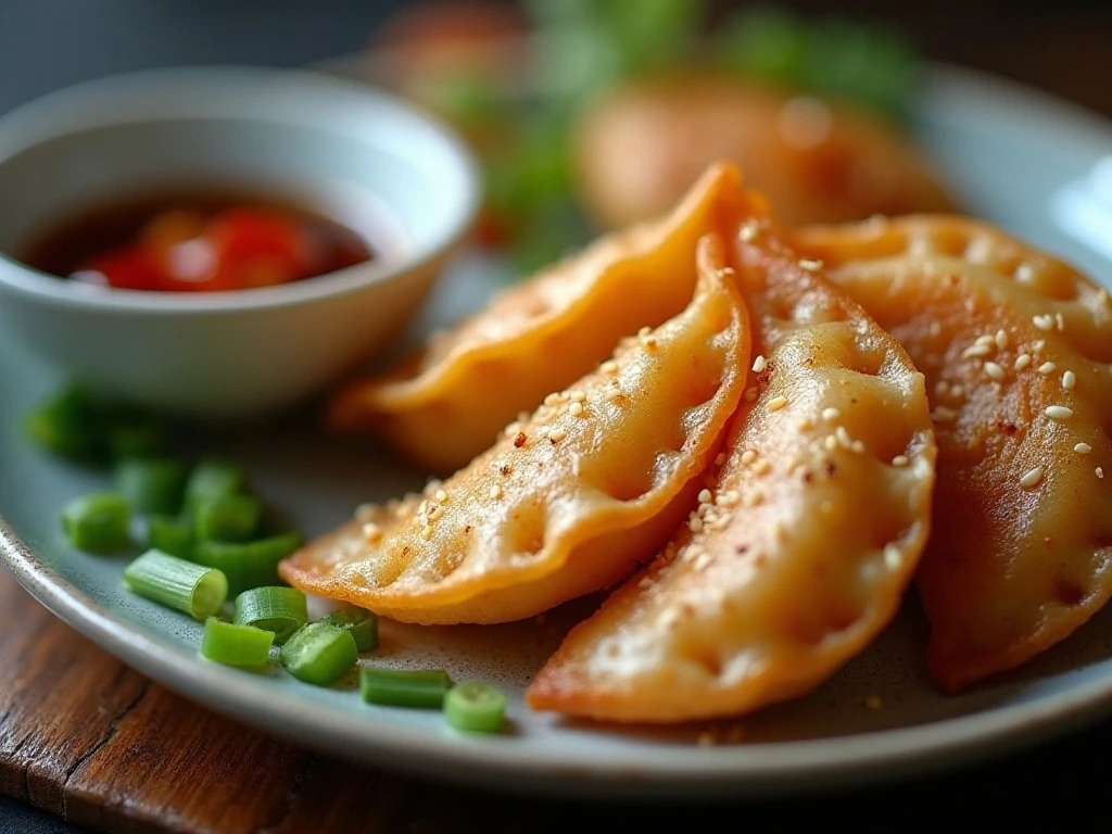 Crispy gyoza with spicy soy-vinegar dipping sauce