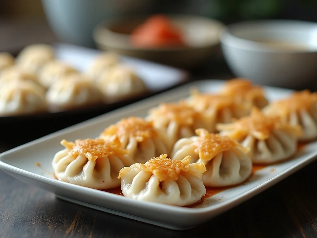 Cooked and frozen Japanese pork dumplings for meal preparation