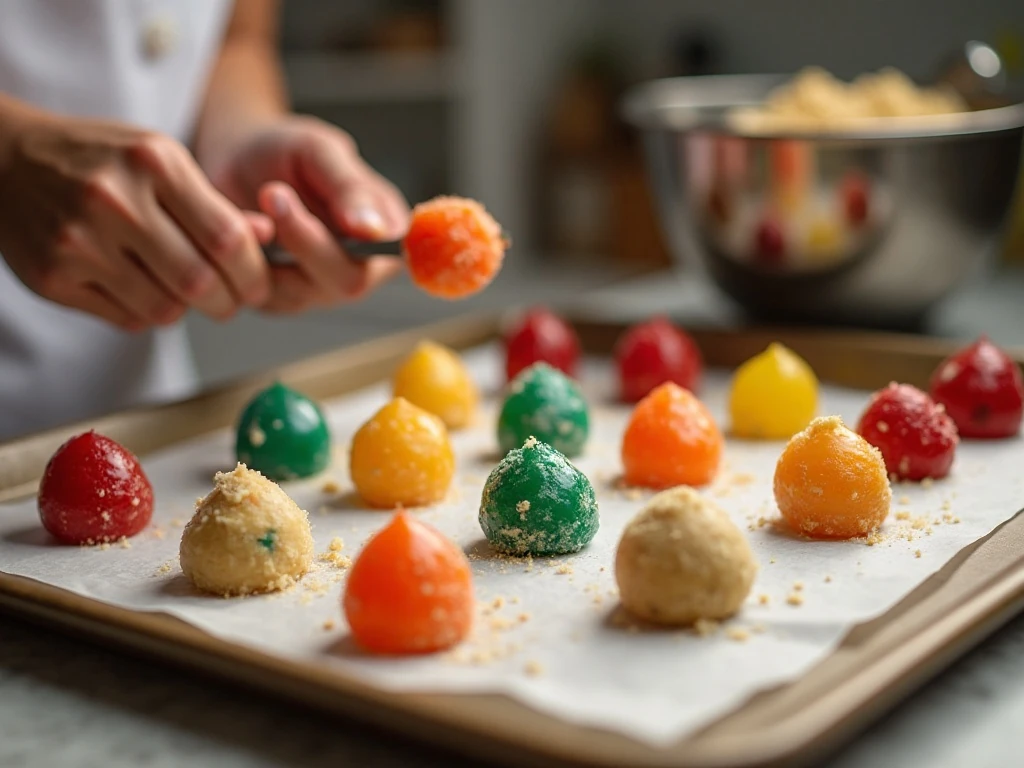 Scooping colorful Jello cookie dough onto a parchment-lined baking sheet