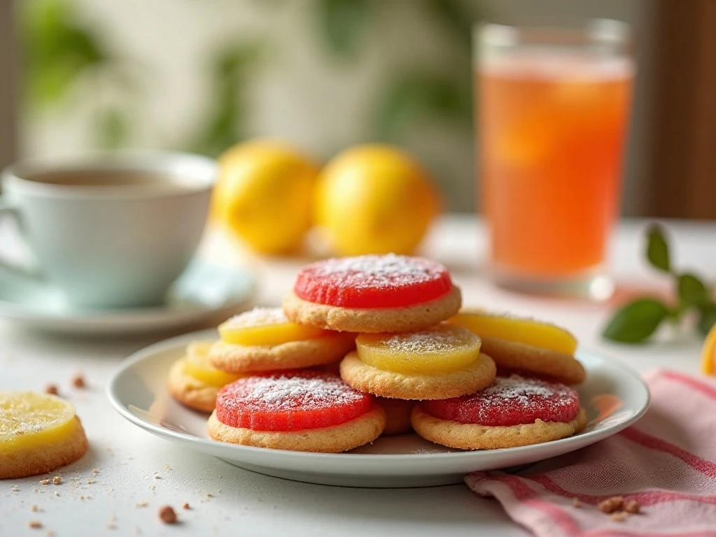 Jello cookies served on a dessert plate with tea and lemonade
