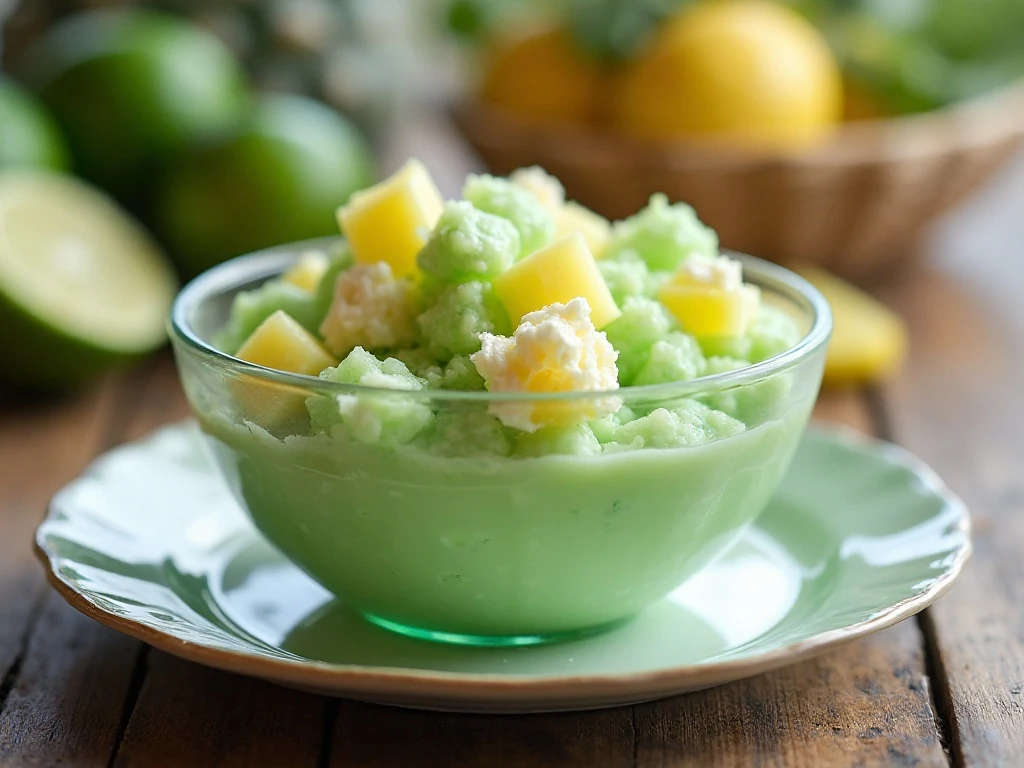 Retro lime Jello cottage cheese salad in a vintage serving bowl