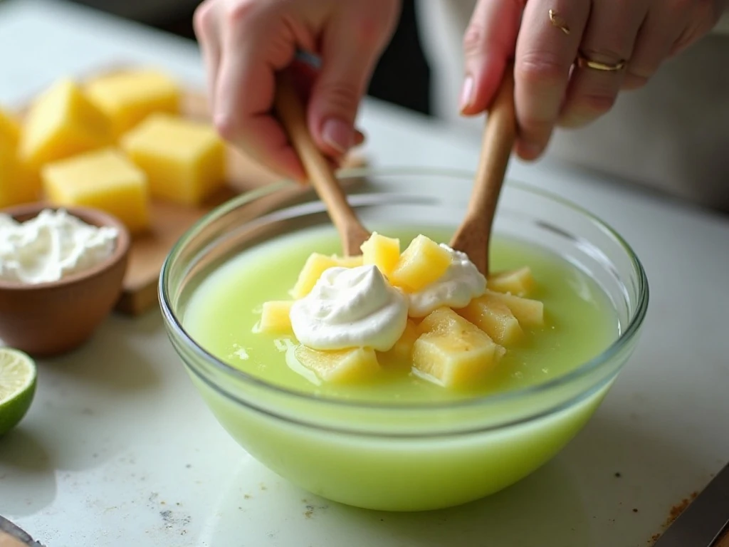 Mixing gelatin, cottage cheese, and pineapple for retro salad