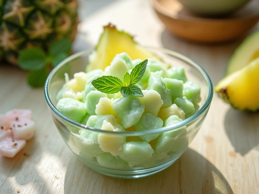Fluffy lime Jello cottage cheese salad served in a clear bowl
