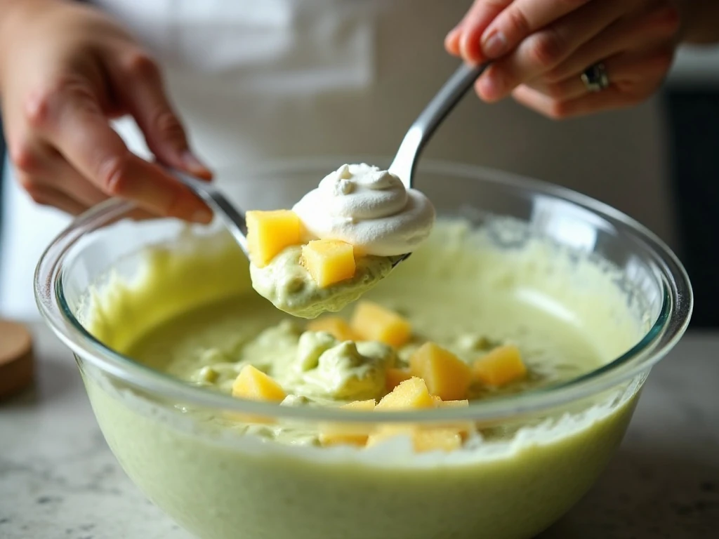 Folding pineapple and whipped topping into the Jello salad mixture