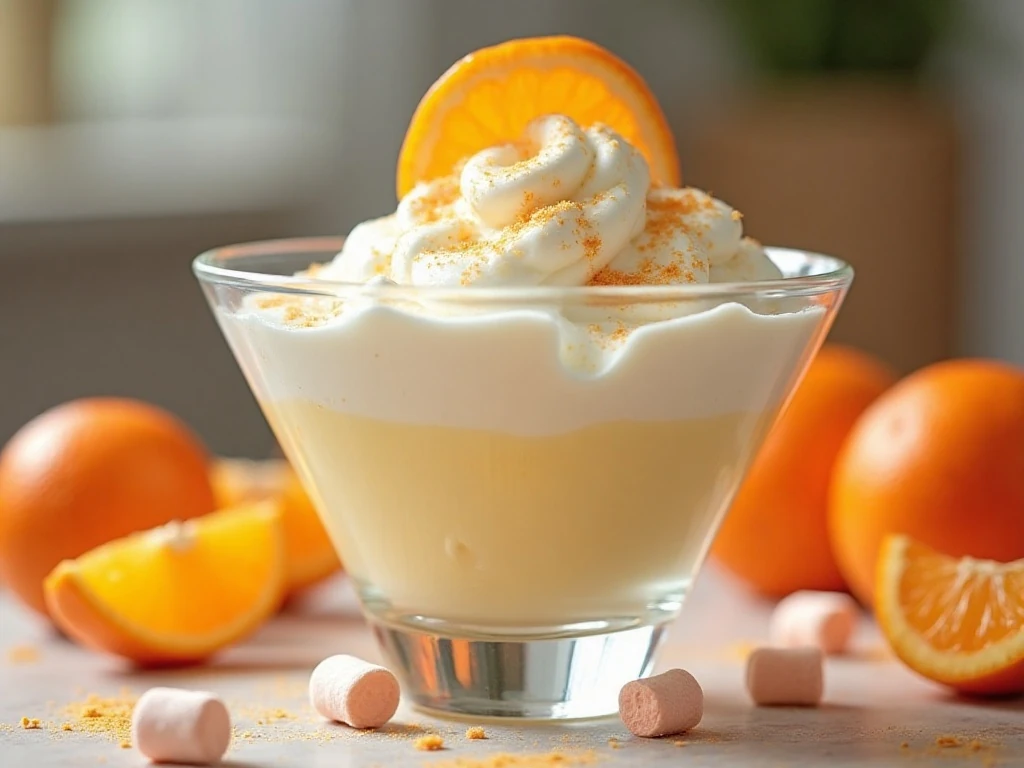 Creamy orange Jello fluff dessert in a clear serving bowl