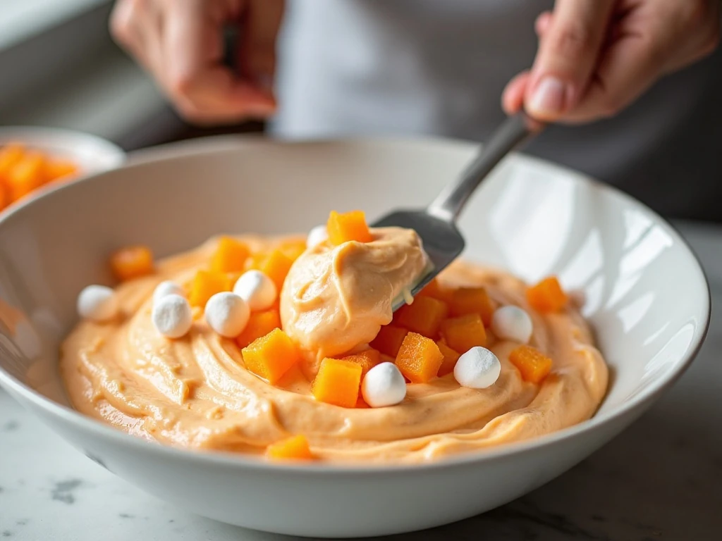 Gently folding oranges and marshmallows into orange fluff