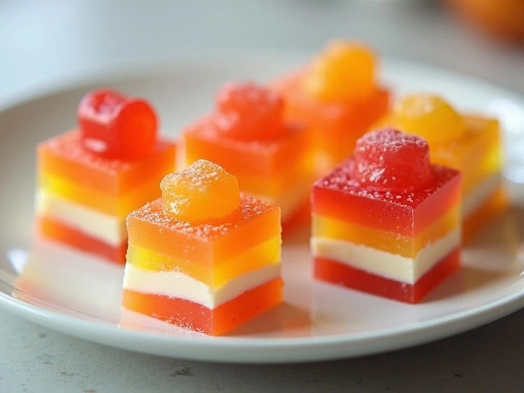 Colorful layered Jello ribbon squares arranged on a serving platter