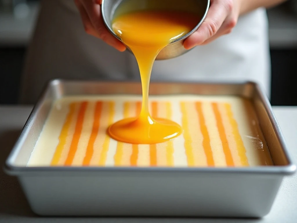 Pouring a cooled gelatin layer over the creamy ribbon layer