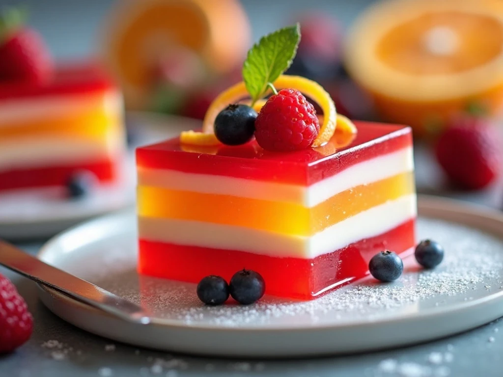 Close-up showing clean distinct layers in a Jello ribbon square