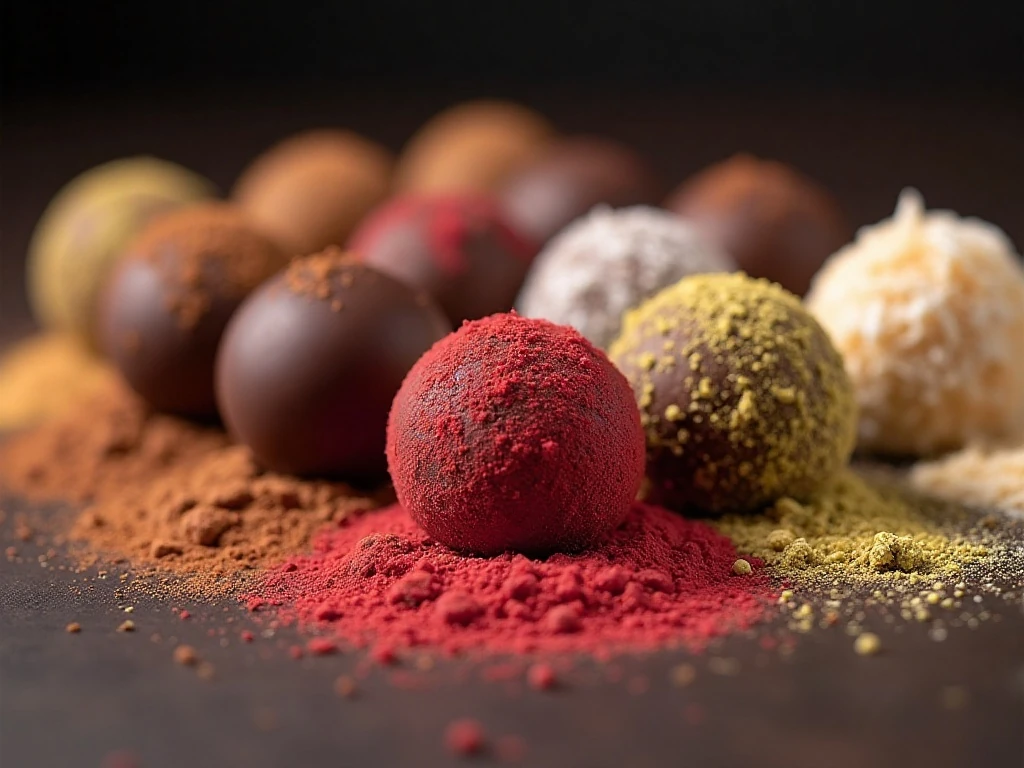 Colorful coatings on jewel-box chocolate truffles