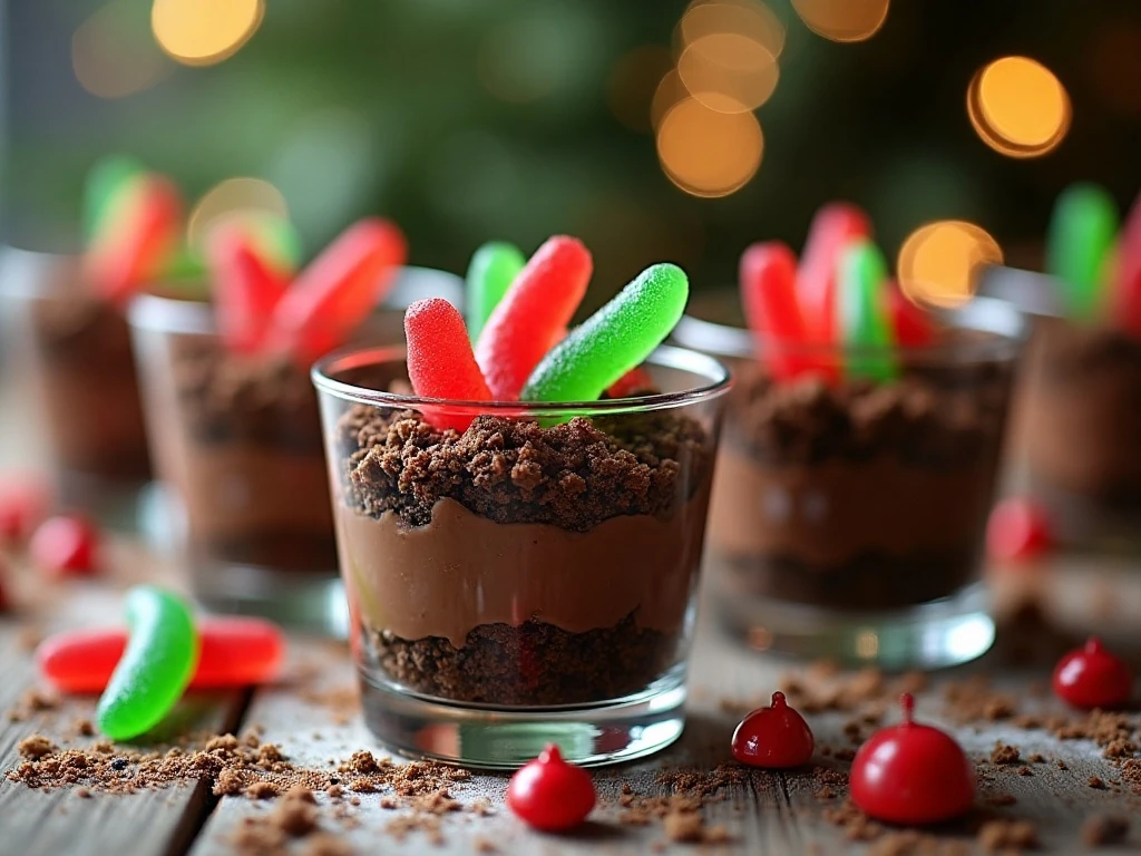 Festive Jolly Holiday Dirt Cups arranged for a Christmas dessert table