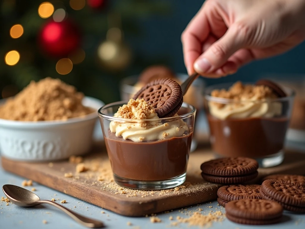 Layering chocolate pudding and cookie crumbs for dirt cups